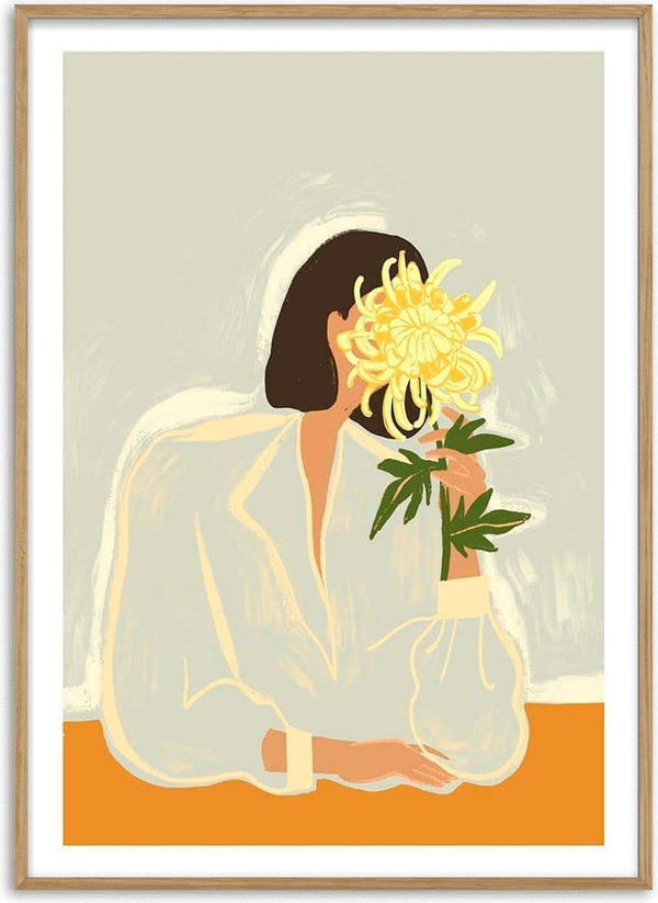 Illustration of a person in a light shirt holding a yellow chrysanthemum, covering their face.