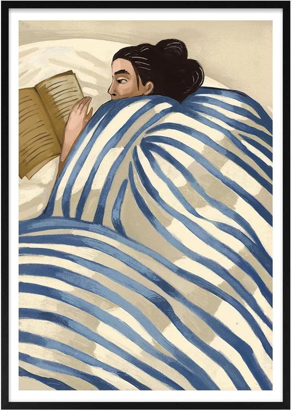 Illustration of a woman reading in bed under a blue and white striped blanket, from The Good Book by Martina Karlsson.
