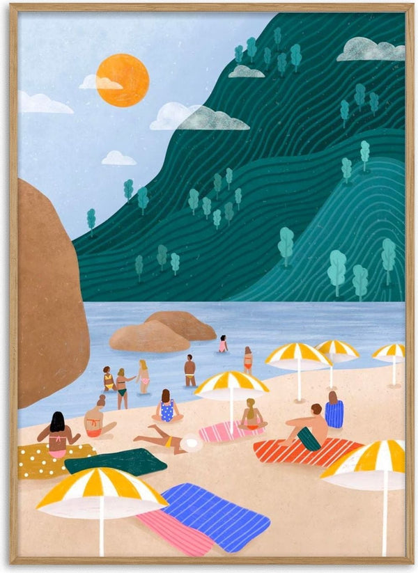 Illustration of people relaxing under umbrellas on a sunny beach, inspired by The Holiday by Bea Muller.