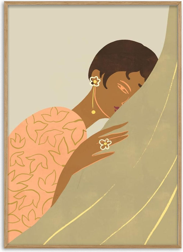 Illustration of a woman with short hair leaning against a surface, wearing floral earrings and ring.