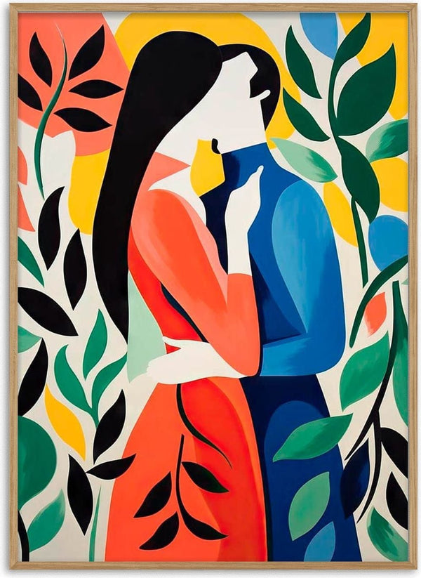 Abstract art of a couple embracing among colorful leaves, inspired by The Kiss No 03 by David Wolf.