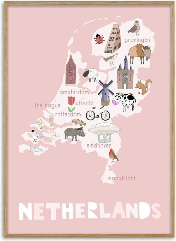 Illustrated map of the Netherlands with landmarks, animals, and cities on a pink background; "NETHERLANDS" below.