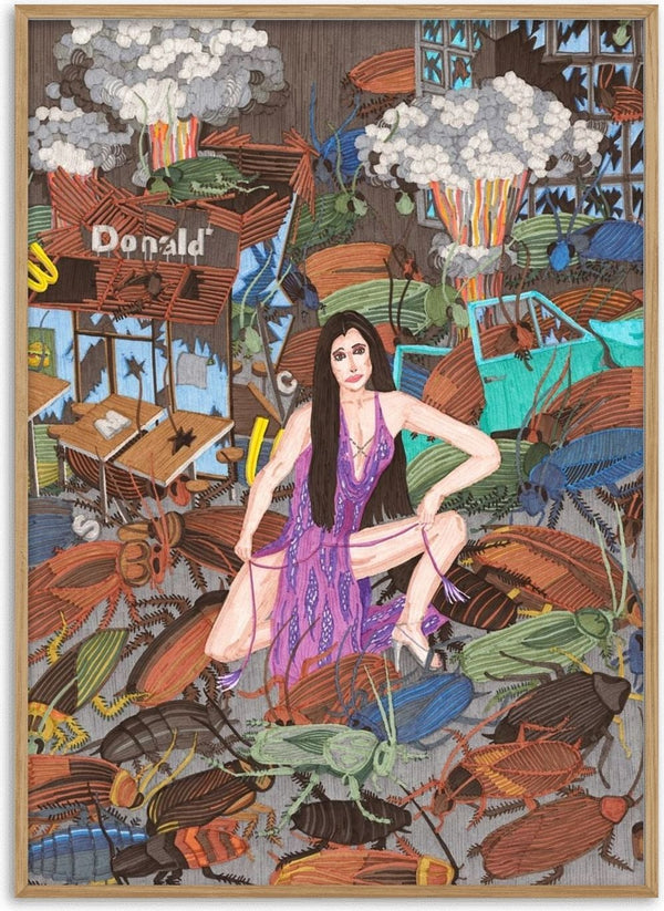 The only things that will be left after a nuclear holocaust are cockroaches and Cher by Daukantė - woman in a purple sequin dress on wreckage above cockroaches