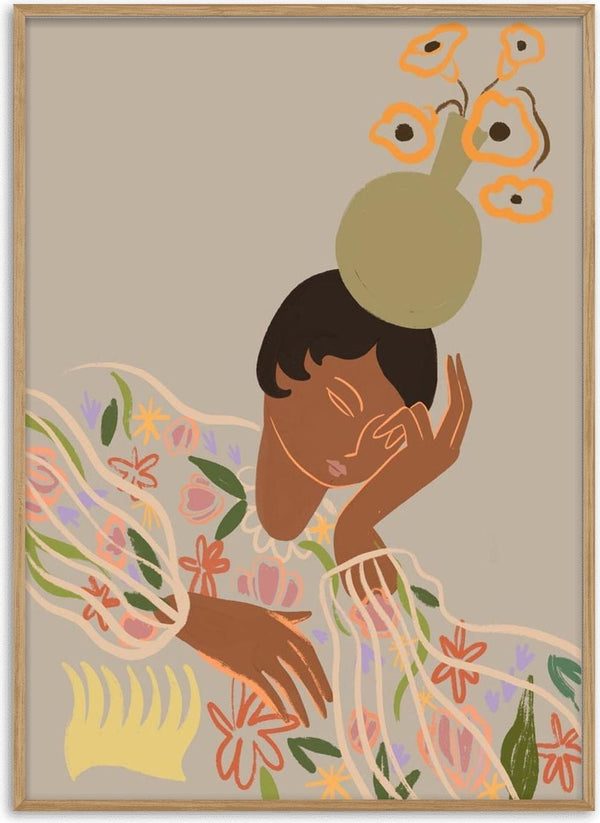 Abstract illustration of a thoughtful person with flowers and a vase on their head, from The Overthinker by Arty Guava.