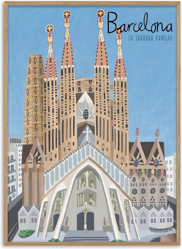 Illustration of the Sagrada Familia basilica in Barcelona under a clear blue sky.
