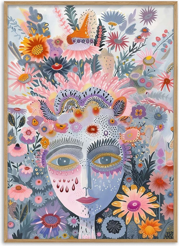 Colorful surreal face surrounded by vibrant flowers and leaves, featured on The Tribe - Vincent V product page.