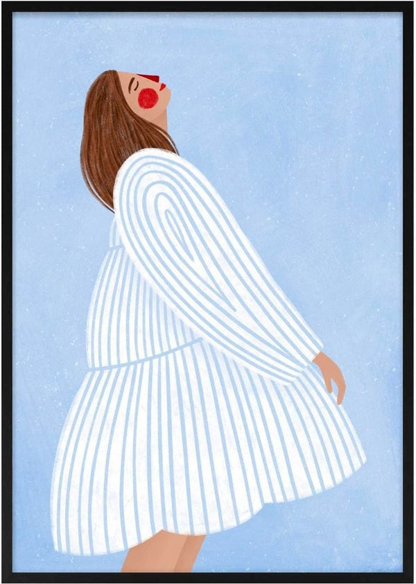 Illustration of a woman in a white dress with blue stripes against a light blue background, from "The Woman With the Blue Stripes."