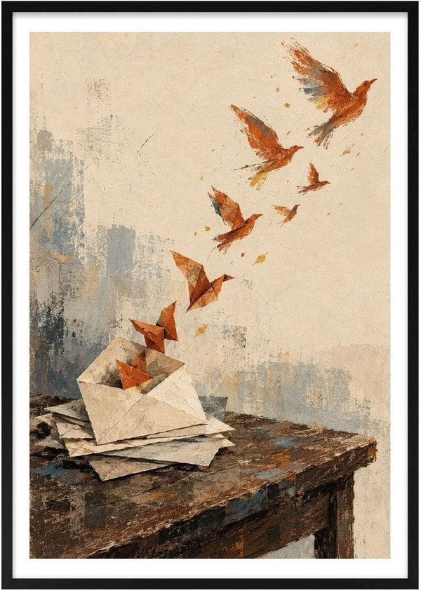 Things We Never Mailed by Matthews Gallerie - paper birds rising from a stack of envelopes on a dark table