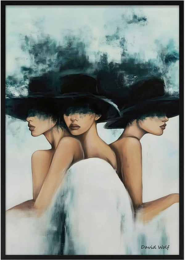 Abstract painting of three women in black hats, their faces partly obscured, by David Wolf for Three Hats product page.