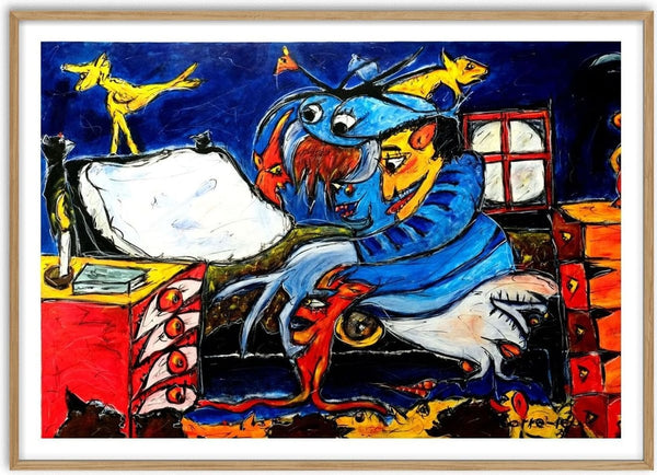 Transformação (Transformation) by Corre-Pé - a blue masked figure on a bed among yellow birds