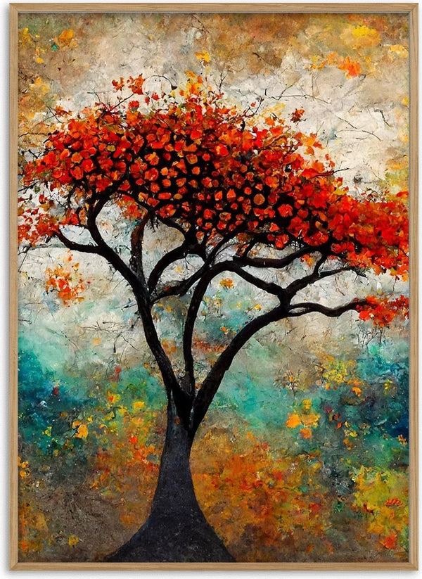 Abstract painting of a vibrant tree with red leaves, featured on the Tree of Life - Thomas Nordentoft product page.