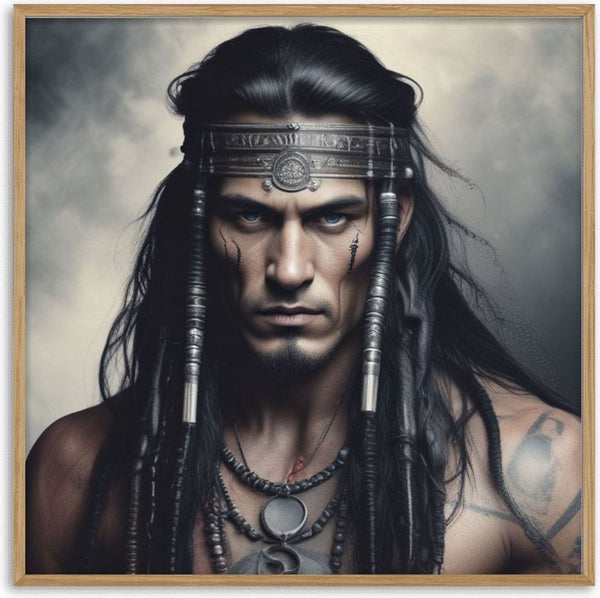 Tribal Eclipse by Devour Art - a man in an engraved silver headband and beaded necklaces against smoke