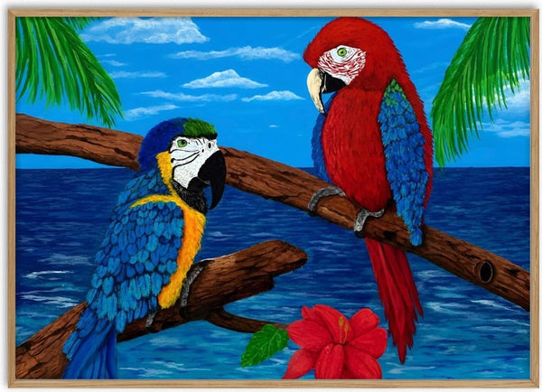 Tropical Life by KG Studio - two macaws on a branch above a blue sea