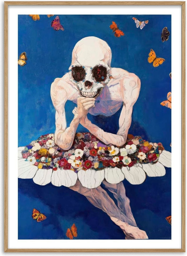 Painting of a skeletal ballerina with flower tutu, surrounded by butterflies, set against a blue background.