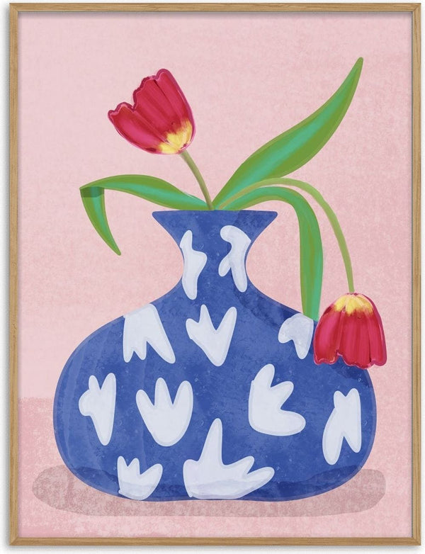 Illustrated tulips in a blue and white vase, inspired by Raissa Oltmanns, on a pink background.
