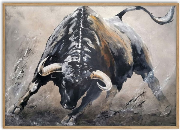 Unatamed spirit by Lüba - a bull charging head-on in black and grey with rust along the shoulders