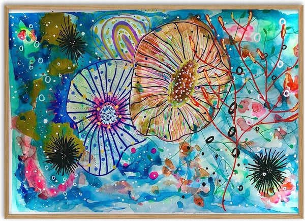 Underwater blooms by Debbie Seenan - blue and peach anemones with urchins and red coral on turquoise