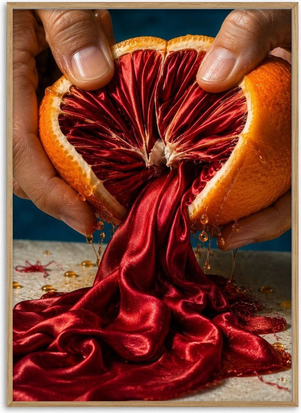 Unfolding Scarlet by Haris Delic - an orange opened to reveal deep red satin pouring onto the table