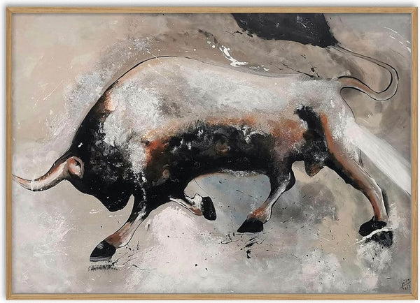 Unleashed by Lüba - a bull in black, white and rust charging across a soft grey ground