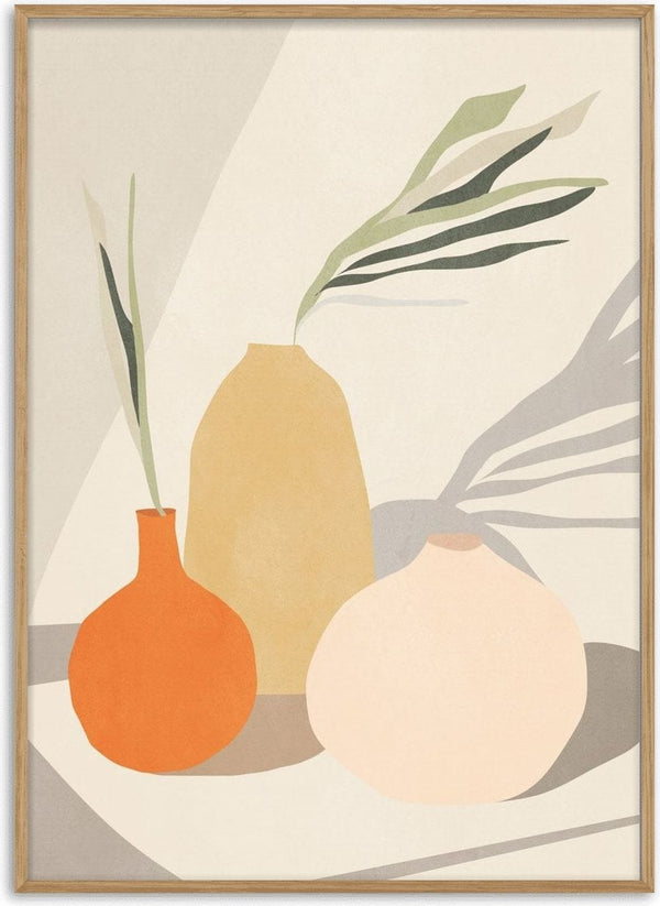Vases 2 by ThingDesign - three vases with leaves and long shadows on a cream ground