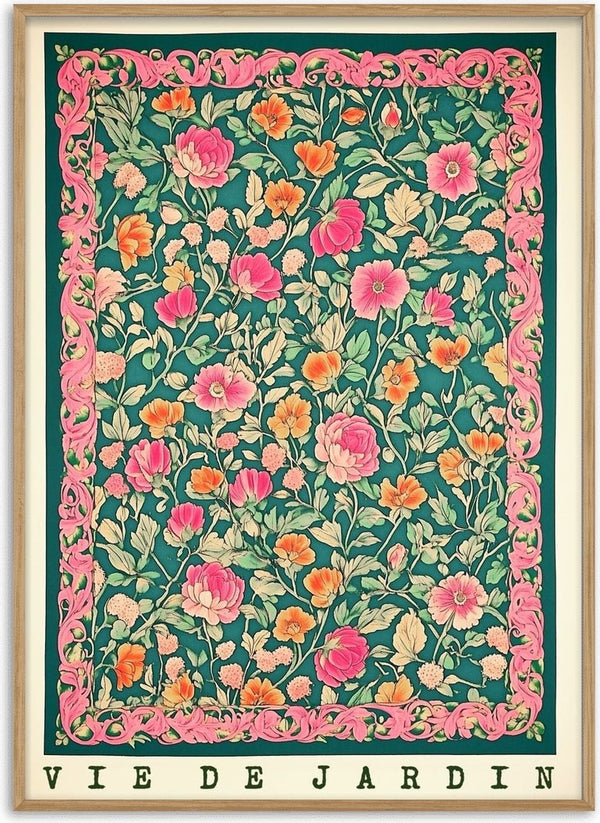 Vie de Jardin by Annika Persson - dense pink flowers on deep teal with a pink scrolling border
