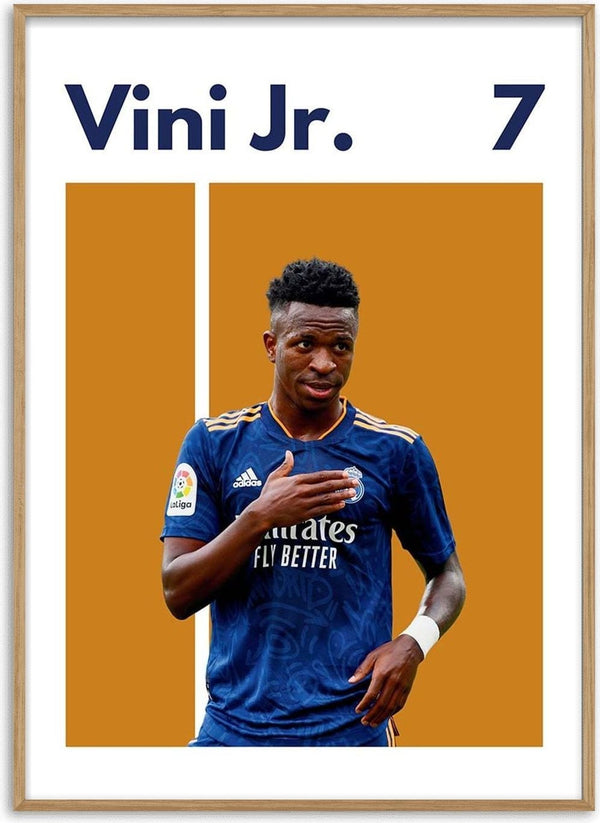 Vini Jr. Real Madrid poster featuring him in a blue kit with "7" and his name at the top.