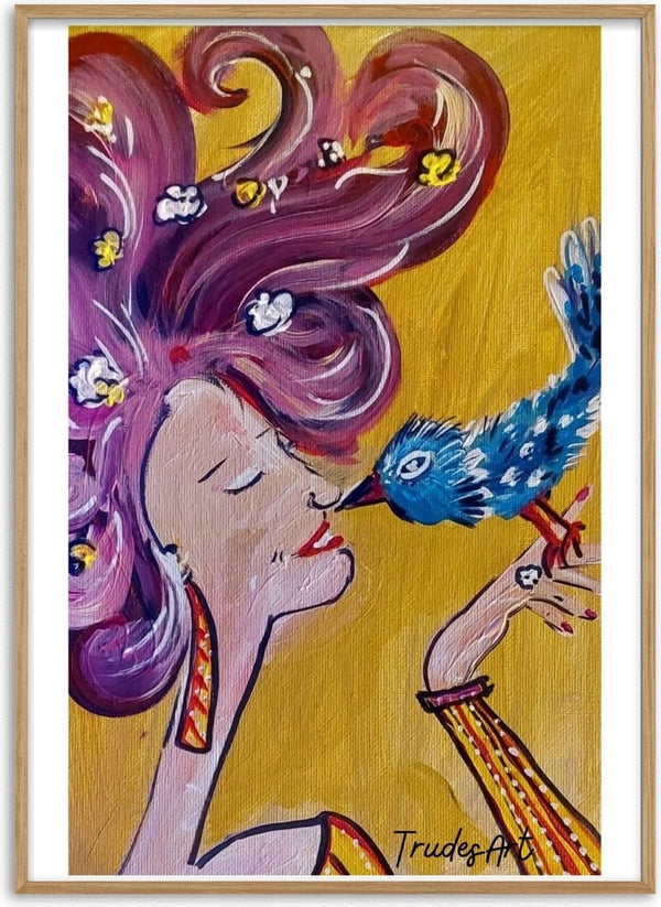 Vogelfrei by Trude - a woman in profile kissing a turquoise bird on a golden yellow ground
