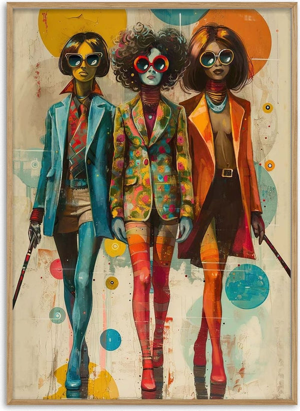 Three stylish women wearing colorful retro outfits and sunglasses, walking confidently together.