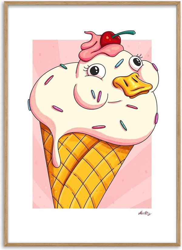 Illustration of Waffle Duck, a duck-shaped ice cream cone with sprinkles and a cherry on top.