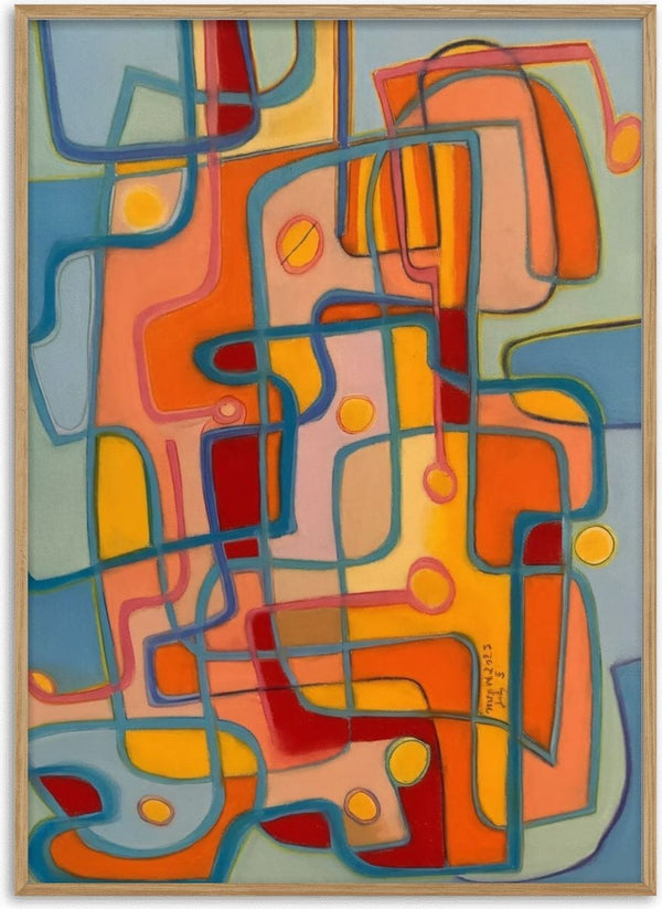 Walking the dog by Gerard Ceulemans - looping blue lines over orange, red and yellow blocks suggesting a figure and a dog