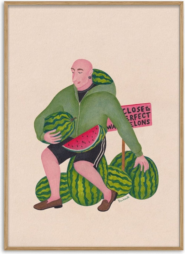 Watermelon side hustle by Daukantė, a man crouching among watermelons beside a pink hand-lettered sign