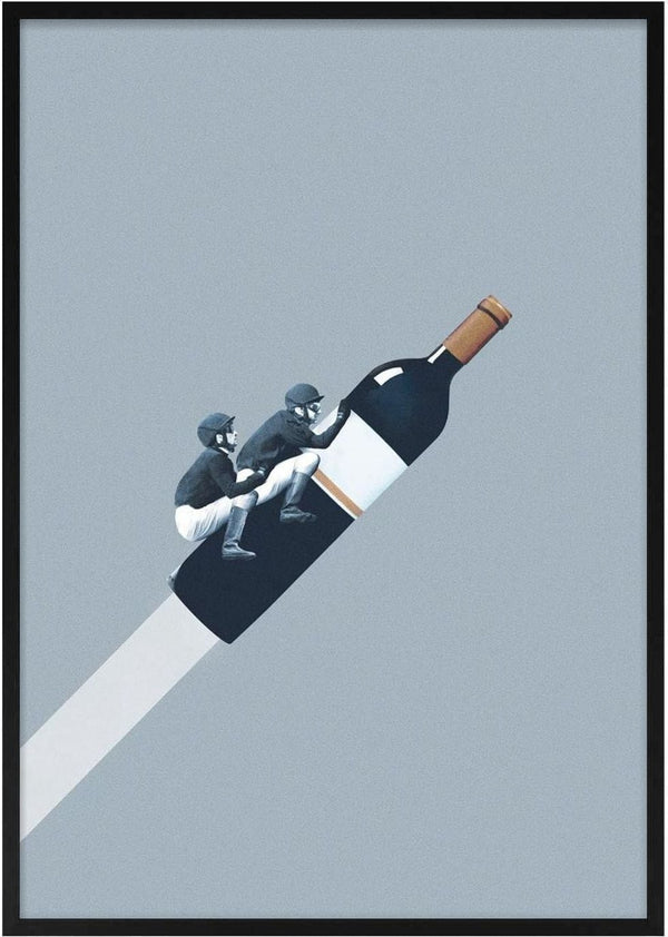Two riders in jockey outfits ride a wine bottle like a horse against a plain background.