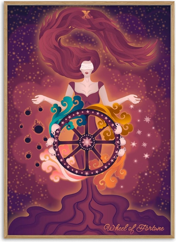 Wheel of Fortune by Sciurus tarotus - a blindfolded woman behind a star-studded wheel on a purple starry ground
