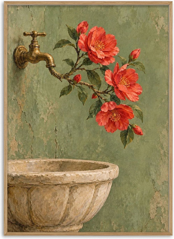 Where Spring Flows by Matthews Gallerie - red camellias growing from a brass tap on a sage green wall