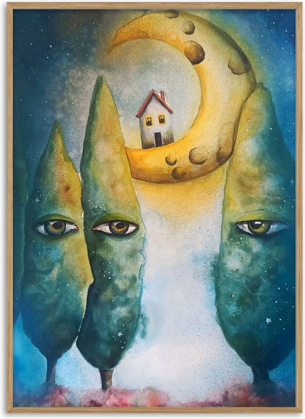 Whispering Trees by Evgenia Smirnova - teal cypress trees with eyes and a house on a moon