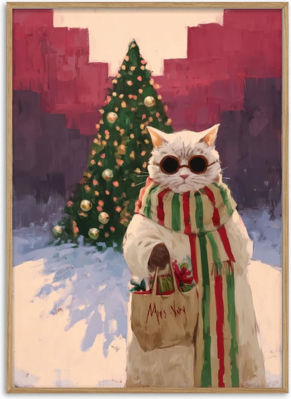 White cat in sunglasses and striped scarf holds a shopping bag with gifts in front of a decorated Christmas tree.