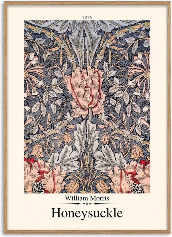 William Morris Honeysuckle poster featuring intricate floral patterns in muted pink, blue, and cream tones.