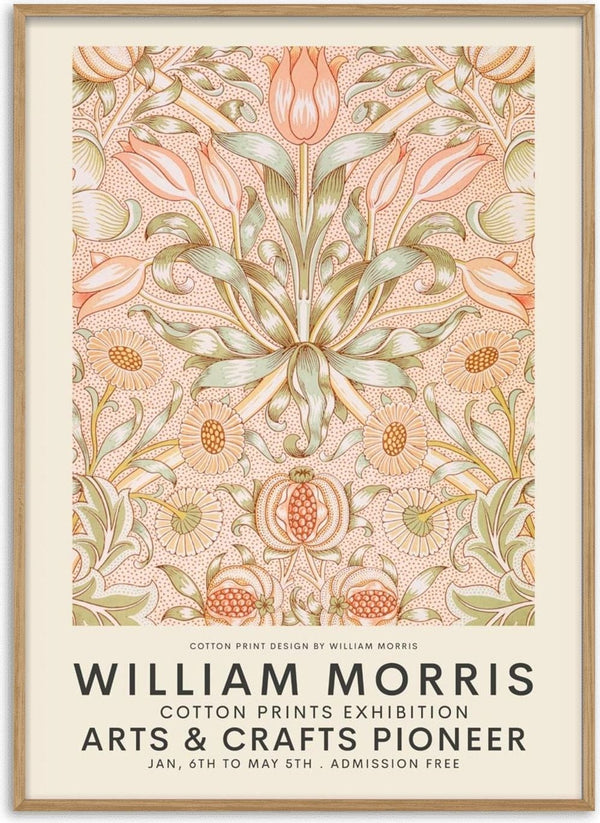 Poster featuring William Morris floral design for Pink Exhibition, with event details and decorative patterns.