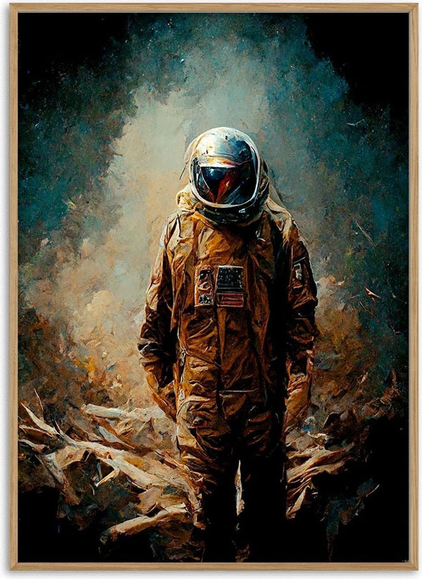 Astronaut in a golden suit stands alone on a desolate, smoky landscape; cover art for Last Man on Earth.
