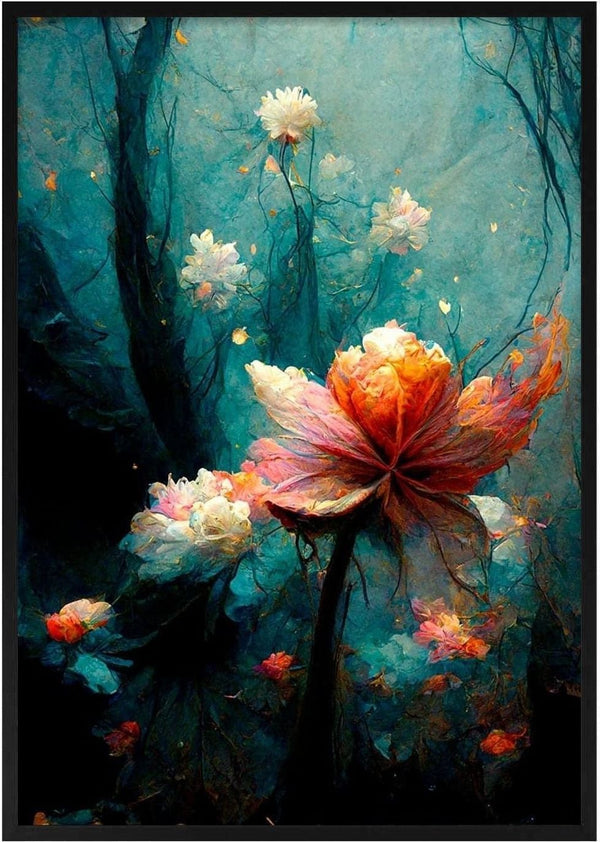 Dreamlike forest scene with vibrant, blooming flowers featured on Skovens Blomster 1 by Winnie Møller.