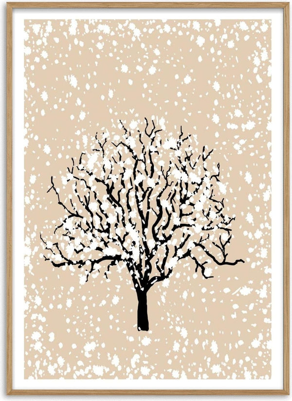 Minimalist illustration of a bare tree with snow on branches, set against a beige background with falling snow.