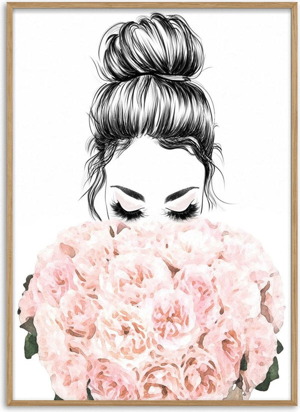Illustration of a woman with a bun holding pink flowers, featured on the Woman And Flowers Plakat.
