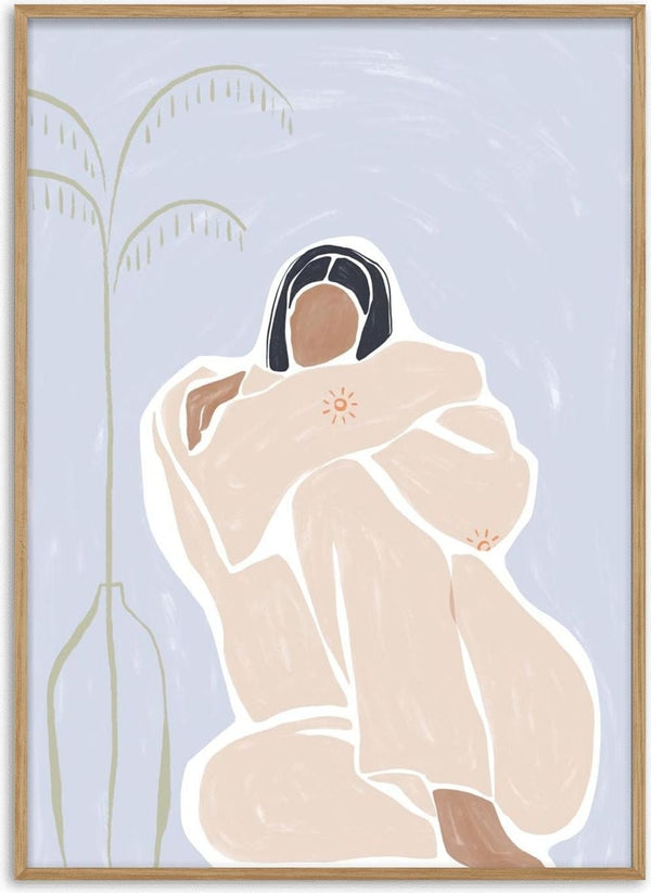Abstract art of a woman embracing herself, with green tones and a plant, featured on the Woman Cuddle Herself - Ivy Green page.