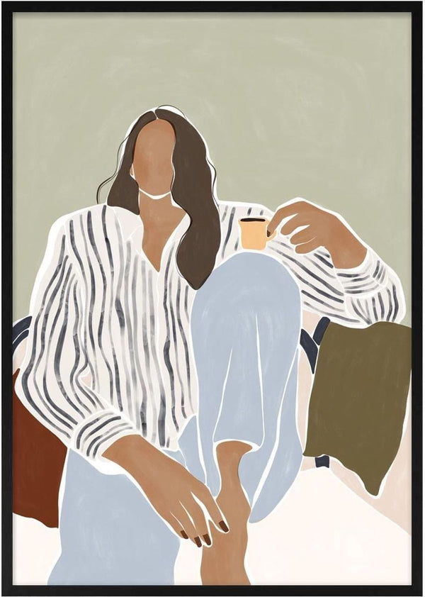 Minimalist illustration of a woman in striped shirt enjoying espresso, seated casually against an ivy green background.