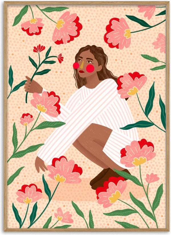 Woman In Floral Garden by Bea Müller – crouching woman picking a stem among pink and red flowers
