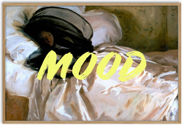 Painting of a woman resting on a bed, with "MOOD" in bold yellow text across the image.