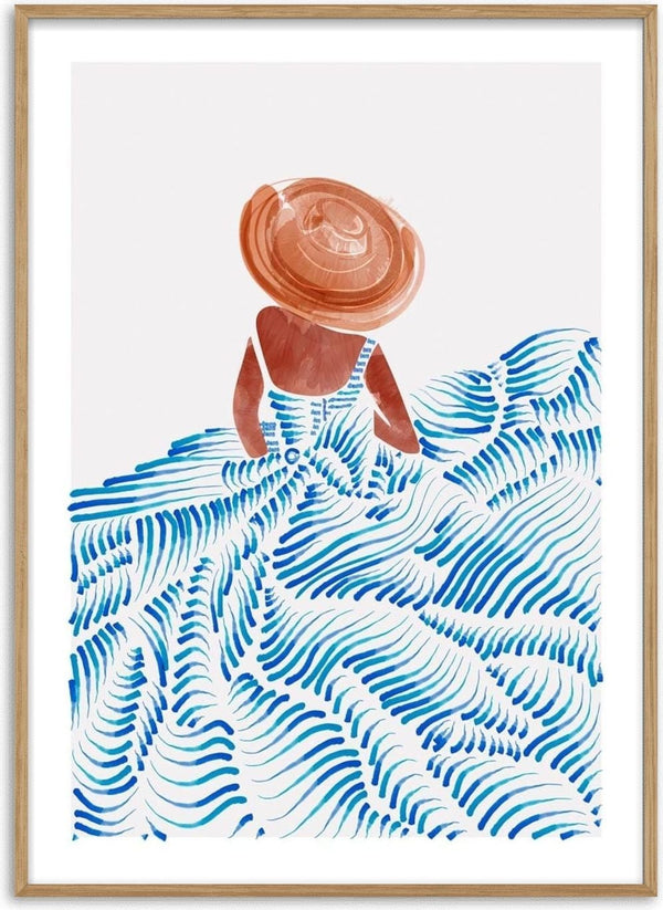 Abstract art of a woman in a summer dress and hat with flowing blue patterns, featured on a decorative poster.