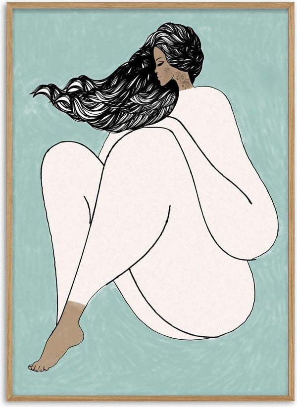 Illustration of a woman in white, sitting with long flowing hair, on a muted teal background.