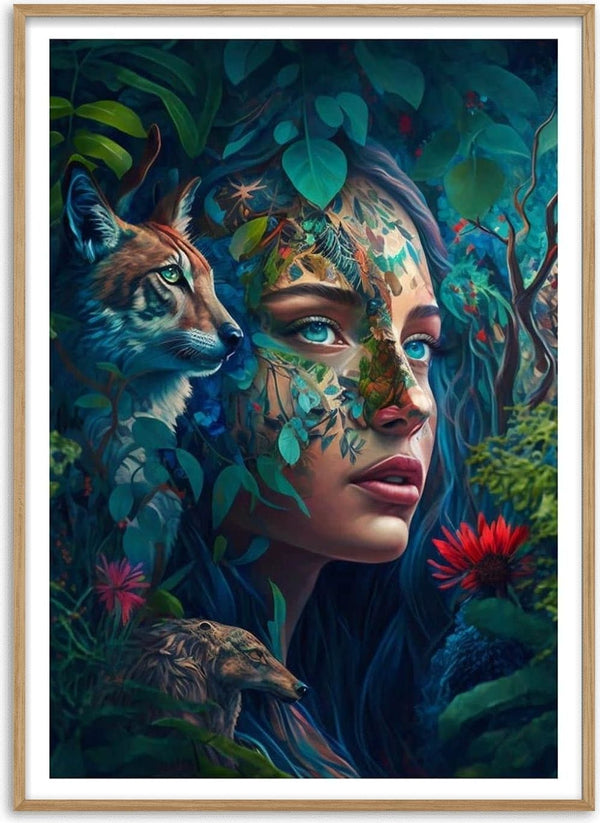 Surreal portrait of a woman blending with forest plants and animals, inspired by "Woman of the Forest."