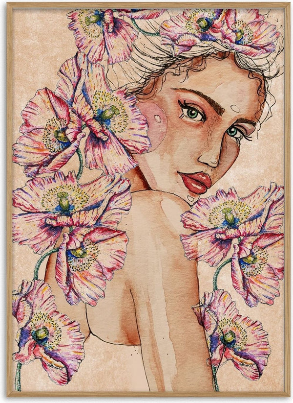 Artistic portrait of a woman surrounded by pink poppies, from "Woman with Poppies" by Raissa Oltmanns.